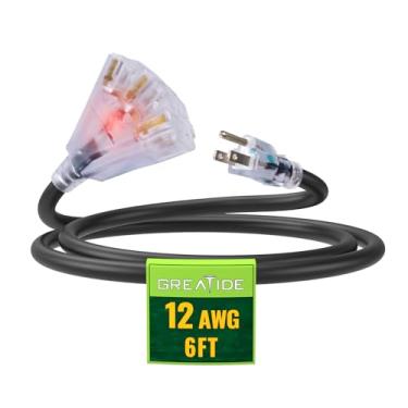 Imagem de GREATIDE Cabo de extensão iluminado para exteriores de 6 pés com 3 tomadas de energia elétricas, cabo de extensão preto resistente de 12/3 SJTW com tomada de terra de 3 pontas para maior
