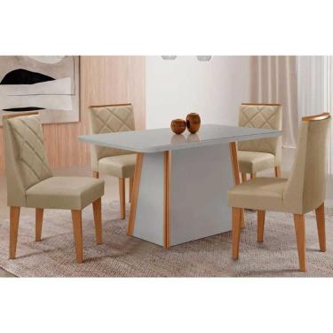 Imagem de Conjunto Sala de Jantar Tilia c/ Tampo Madeirado c/ Vidro Canto Curvo 120x80cm e 4 Cadeiras Maldivas Madeira Maciça Naturale/Off White - Capuccino/Lin