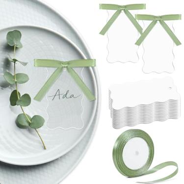 Imagem de 50 peças de cartão de acrílico para lugares, cartões de nome recortados em branco, placa de assento de casamento reservada, cartões de mesa de acrílico faça você mesmo com fita verde para casamentos