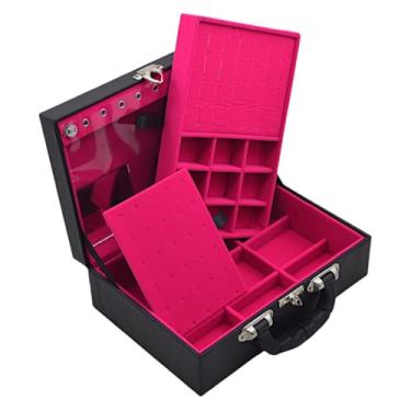 Imagem de Caixa Maleta Estojo Porta Joias Bijuterias Dupla Media com espelho Preta(INTERNO PINK)