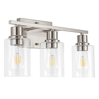Imagem de FILIMITIY Luminária de banheiro com 3 lâmpadas de níquel escovado, arandelas de parede com sombra de vidro transparente para corredor, casa de fazenda, quarto, sala de estar
