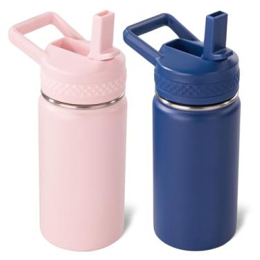 Imagem de Fijinhom Garrafa infantil de 340 g, garrafa de água infantil para meninos e meninas com tampas de canudos, garrafa térmica isolada a vácuo de aço inoxidável 304, livre de BPA, azul + rosa