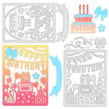 Imagem de INFUNLY 2 peças de moldes de corte de metal para fazer cartões, bolo de aniversário, moldura de fundo recortada, estênceis de metal para scrapbooking, papel, cartão, álbum de fotos, artesanato