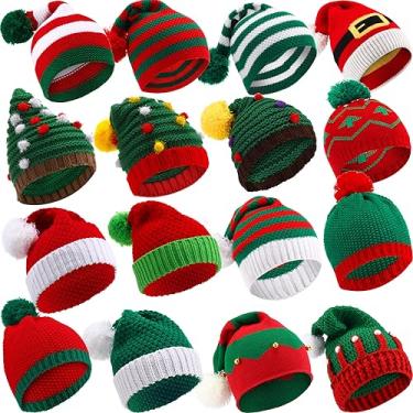 Imagem de 16 peças chapéu de Natal tricotado vermelho branco verde elfo chapéus com pompom Papai Noel gorro de Natal em massa chapéus de férias de crochê para adultos (clássico)