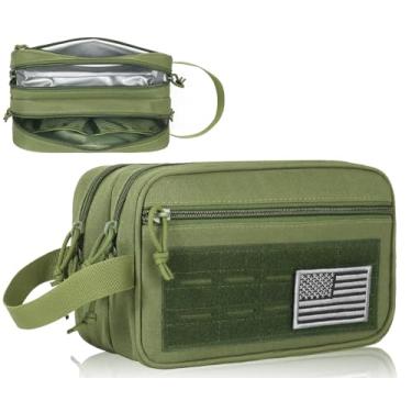 Imagem de DBTAC Bolsa de higiene tática para homens | Kit Dopp compacto/expandido com compartimentos secos e úmidos | Kit de barbear de viagem com emblema da bandeira dos EUA, Verde clássico, Compact-3 Pockets