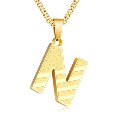 Imagem de Zocomi Colar com pingente de inicial da bandeira americana para homens e meninos, corrente de aço inoxidável 316L A-Z caixa de letras 50 + 5 cm joias presentes, Aço inoxidável, Sem Pedra Preciosa