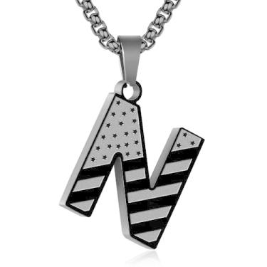 Imagem de Zocomi Colar com pingente de inicial da bandeira americana para homens e meninos, corrente de aço inoxidável 316L A-Z caixa de letras 50 + 5 cm joias presentes, Aço inoxidável, Sem Pedra Preciosa