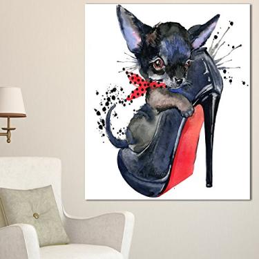 Imagem de Designart Lindo sapato de salto grande com cachorro - Arte de parede de metal brilhante - 30 x 71 cm, 30 x 71 cm, azul