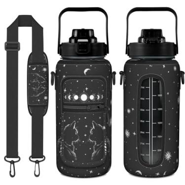 Imagem de Garrafa de água Goth Cat de 1,8 litro com manga - Top sem BPA - Marcador de tempo motivacional à prova de vazamento - Presentes góticos para mulheres - Gato gótico de Halloween para presentes