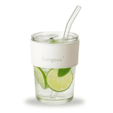 Imagem de Copo de Vidro Branco Com Canudo 450ml Com Couro Café Chá Capuccino Beb