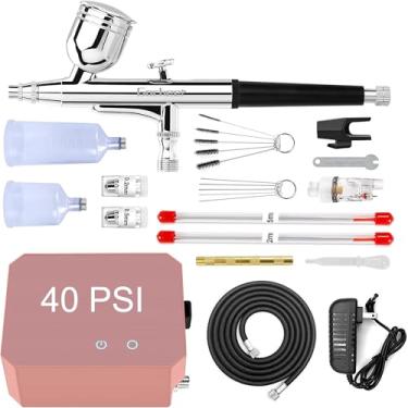 Imagem de Gocheer Kit de aerógrafo com compressor de ar, escova de ar de alta pressão 40 48 PSI sem entupimento com conjuntos de bocal/limpeza de 0,2/0,3/0,5 mm, ideal para pintura, modelagem, decoração de