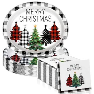 Imagem de 50 pratos ovais de Natal e guardanapos, pratos ovais xadrez búfalo de papel 25,4 x 31,8 cm e guardanapos de 16,5 cm, árvore de Natal grande descartável resistente para suprimentos de festa de Natal