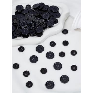 Imagem de 200 peças de botões de resina de 4 furos, botões de substituição redondos planos suprimentos de costura pretos para bolsas de casaco de roupas e projetos de decoração de artesanato, 15 ~ 20 x 2,5 ~ 3
