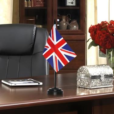 Imagem de Conjunto de bandeiras de mesa de luxo do Reino Unido - 15 x 10 cm em miniatura bandeira britânica de mesa do Reino Unido com mastro sólido de 30 cm - Cor vívida e resistente ao desbotamento - Base