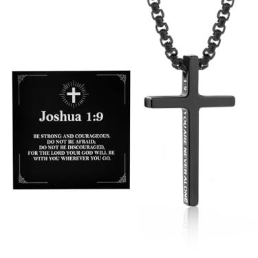 Imagem de Alissl Colar de cruz masculino com gravação em aço inoxidável, versículo da Bíblia 1:9, corrente masculina preta ou prata, joias cristãs, lembrancinhas de batismo, para Halloween, Ação de Graças