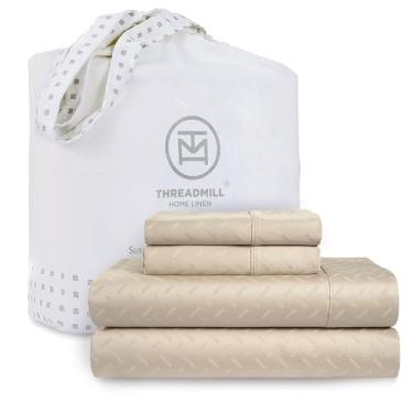 Imagem de Threadmill Jogo de cama casal de algodão | 100% algodão para cama de casal | Conjunto de lençóis de casal Damasco Jacquard com bolso profundo de 40,6 cm | Conjunto de cama refrescante de 4 peças de
