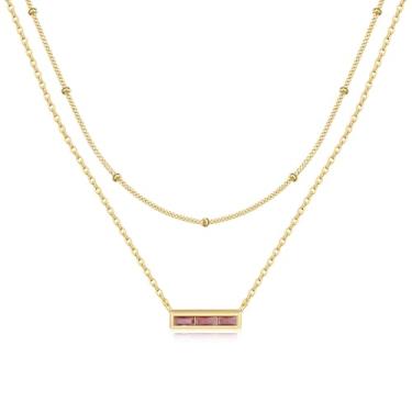 Imagem de Turandoss Colar feminino com pedra do mês de nascimento em camadas, banhado a ouro 14K, esmeralda, pedra do mês de nascimento de 12 meses, joia moderna de aniversário do dia das mães, presente para