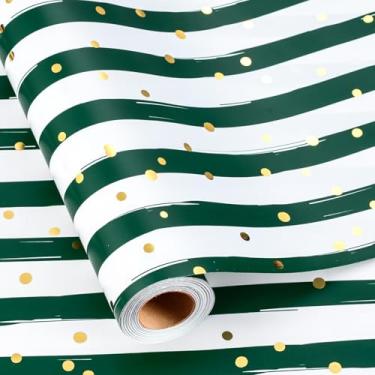 Imagem de MAYPLUSS Papel de embrulho listrado, papel de embrulho listrado verde e branco, listras verdes e brancas chiques com manchas douradas, presente de aniversário para Natal, Dia dos Pais, graduações (43
