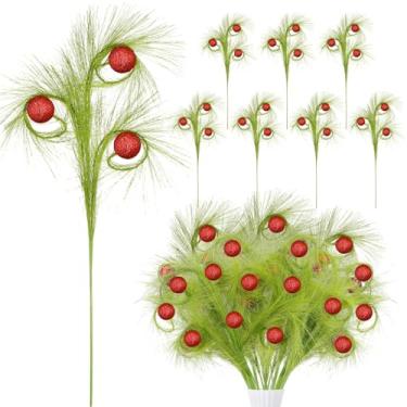 Imagem de Palhetas de árvore de Natal, 8 peças de hastes encaracoladas de verde limão com bolas vermelhas de glitter, decorações de topo de árvore de elfo de Natal de 43 cm para grinaldas de férias, vasos e