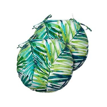 Imagem de Magpie Fabrics Almofadas de assento de bistrô redondas de 38 cm com amarras, conjunto de 2, impermeáveis para todas as condições climáticas e cadeiras de pátio de 10 cm de espessura para banco de metal de jantar e jardim em casa - Folhas de palmeira verdes