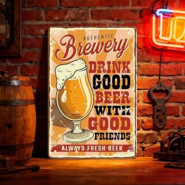 Imagem de 1 peça de arte de parede de metal de cerveja artesanal - Decoração de torneira vintage para Man Cave Bar, cerveja fria rústica e placa de bons amigos com detalhe de tampa de garrafa, laranja