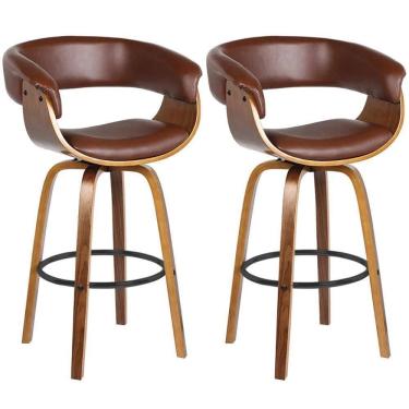 Imagem de Kit 2 Banquetas Giratória Alta Com Encosto Base Madeira Ravi R02 Sintético Marrom - Mpozenato