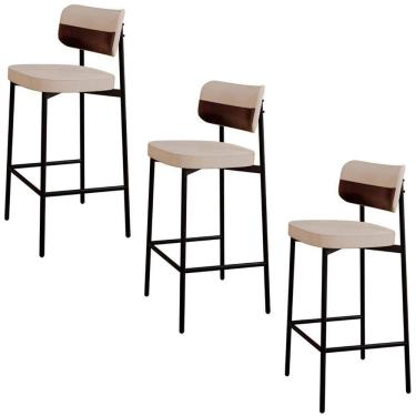 Imagem de Banqueta Alta Bar Estofada Kit 3 Ella M25 Linho Areia/marrom - Mpozenato