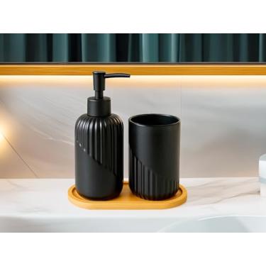 Imagem de Kit Lavabo Luxo com dispenser de sabonete líquido, porta-escovas multifuncional e bandeja de bambu. Decore com elegância. (Preto)