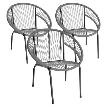 Imagem de Kit 3 Cadeira De Área Eclipse Tramado Fibra Sintética E Aço Preto