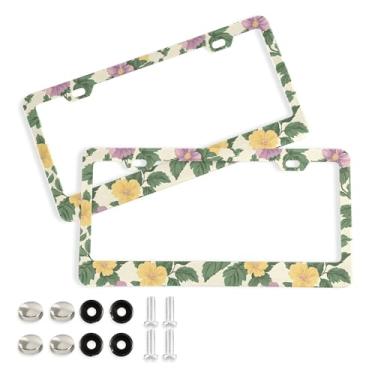 Imagem de SEHANY Molduras de placa de licença de flores florais coloridas, capas de moldura de placa de carro de alumínio à prova de ferrugem com orifícios elípticos e parafusos serve para veículos padrão dos