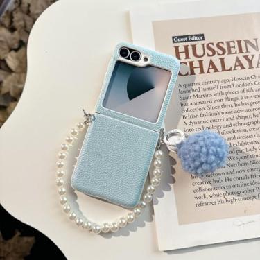 Imagem de Capa articulada em couro genuíno com estampa de lichia para Samsung Z Flip 3 4 5 6 7 5g Flip5 Flip6 (Para Z Flip 5/Azul)