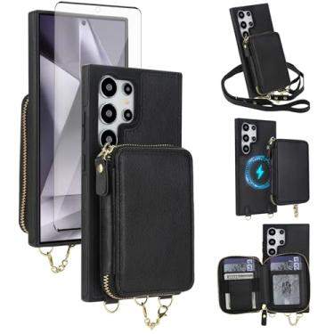 Imagem de Asuwish Capa de celular para Samsung Galaxy S23 Ultra 5G carteira com zíper e protetor de tela, alça transversal 2 em 1 MagSafe bloqueio RFID flip S23Ultra 23S S 23 23Ultra preta