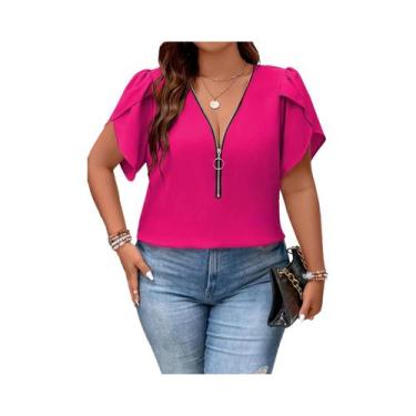 Imagem de Blusa De Chiffon plus Size Com Decote Em V, Casual De Verão, Elegante 