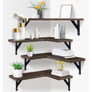 Imagem de PUREZON Conjunto de 4 prateleiras flutuantes de canto, prateleiras de parede de canto, prateleira de parede de madeira rústica para decoração de casa, sala de estar, quarto, cozinha, banheiro