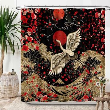 Imagem de Lnepty Cortinas de chuveiro japonesas para banheiro, ameixa vermelha flor de cerejeira floral estilo pintura asiática guindaste dourado grande onda estilo japonês banheiro cortina de chuveiro