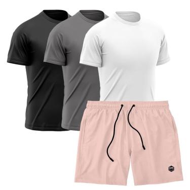 Imagem de Kit 3 Camisetas Dry Treino Fitness Academia + Short Bermuda Rosa-Masculino