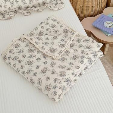 Imagem de BuLuTu Cobertor acolchoado floral azul francês com bordas de renda, cama infantil de algodão musselina, edredom de berço para meninas e meninos, 119 cm x 149 cm, macio, leve, estampa de flor de balão