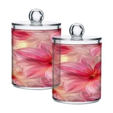 Imagem de Qilmy Qtip Suporte de boticário de 400 ml, frasco de plástico transparente de flores rosa com tampa, dispensador de recipiente de banheiro para bola de algodão, cotonete, fio dental, pacote com 2