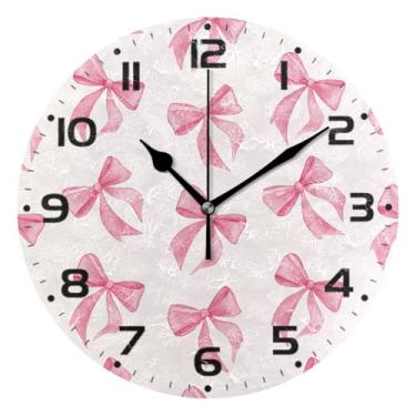 Imagem de JUZIHAI Relógio de parede com laço rosa, silencioso, sem tique-taque, redondo, operado por bateria, fácil de ler, relógio decorativo de parede para casa, cozinha, sala de estar, quarto, escritório, 25