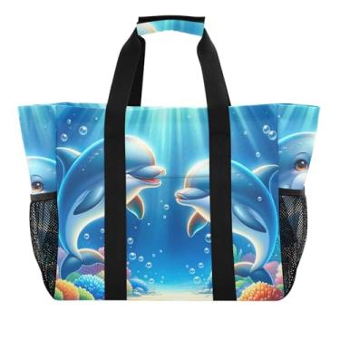 Imagem de ODAWA Bolsa de praia grande à prova d'água, organizador de natação, bolsa leve para compras de supermercado, golfinhos fofos azuis, Golfinhos fofos azuis, One Size