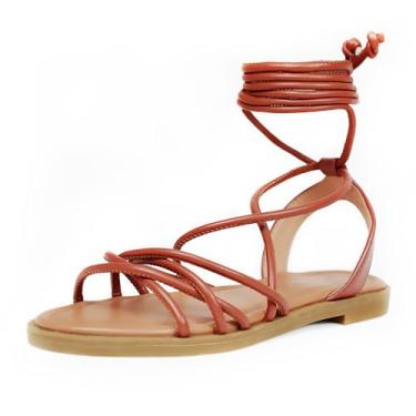 Imagem de Heltid Sandálias femininas gladiador com cadarço cruzado, sandálias rasteiras com tiras no tornozelo para mulheres, Marrom, 37