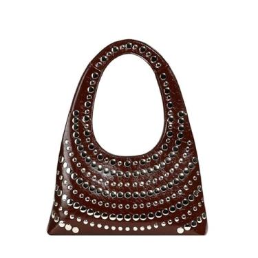 Imagem de Bolsa tiracolo feminina de couro rebite designer feminina fashion feminina bolsa carteiro, Café, One Size