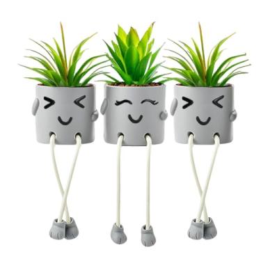 Imagem de skycoo Suculentas artificiais com vasos de flores cinza, mini suculentas em vaso para escritório em casa (verde-101)