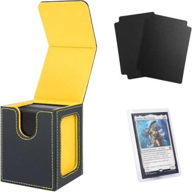 Imagem de Venssu Caixa de baralho MTG para exibição Commander, caixa de baralho para 100 cartas de manga dupla, TCG com 2 divisórias e 1 Toploader (preto e amarelo)
