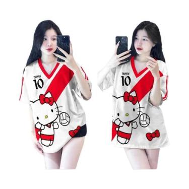 Imagem de Camiseta Feminina Slim-fit Hello Kitty Estampada Em 3D Com Decote Em V