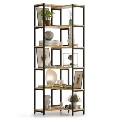 Imagem de VGUOORG Prateleira/estante de canto de 6 camadas, estante deformável em forma de L, prateleira de exibição alta moderna com moldura de metal resistente para escritório em casa (cor de madeira natural