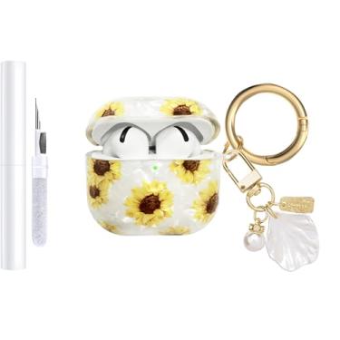 Imagem de AIIEKZ Capa compatível com AirPods 4 2024, TPU macio com padrão de concha para AirPods 4ª geração, chaveiro e kit de limpeza para meninas e mulheres (girassol)