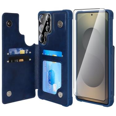 Imagem de VANAVAGY Capa carteira para Galaxy S25 Ultra para mulheres e homens, capa de telefone de couro PU compatível com suporte magnético para carro com bloqueio de RFID para S25 Ultra 17,5 cm, azul marinho