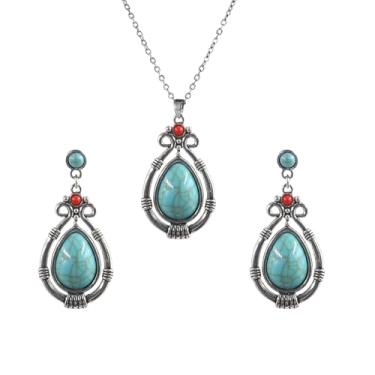 Imagem de DEYOUM Conjunto de colar de brincos boêmios vintage longo para mulheres boho textura esculpida redondo exclusivo étnico retrô turquesa pingente brincos pendentes joias presentes, Medium, Metal, Sem