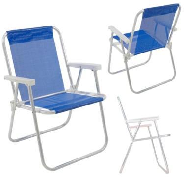 Imagem de Cadeira de Praia Alta Dobrável de Alumínio - Resistente com Apoio de Braço e Tecido Durável, Portátil para Camping, Varanda e Lazer ao Ar Livre (AZUL ESCURO)